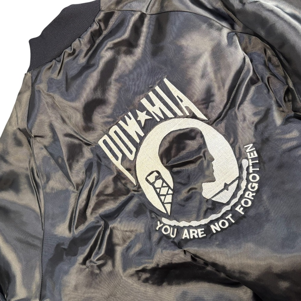 VTG Westark USA Men's Black‎ Satin POW MIA Not forgotten Bomber Jacket Sz L